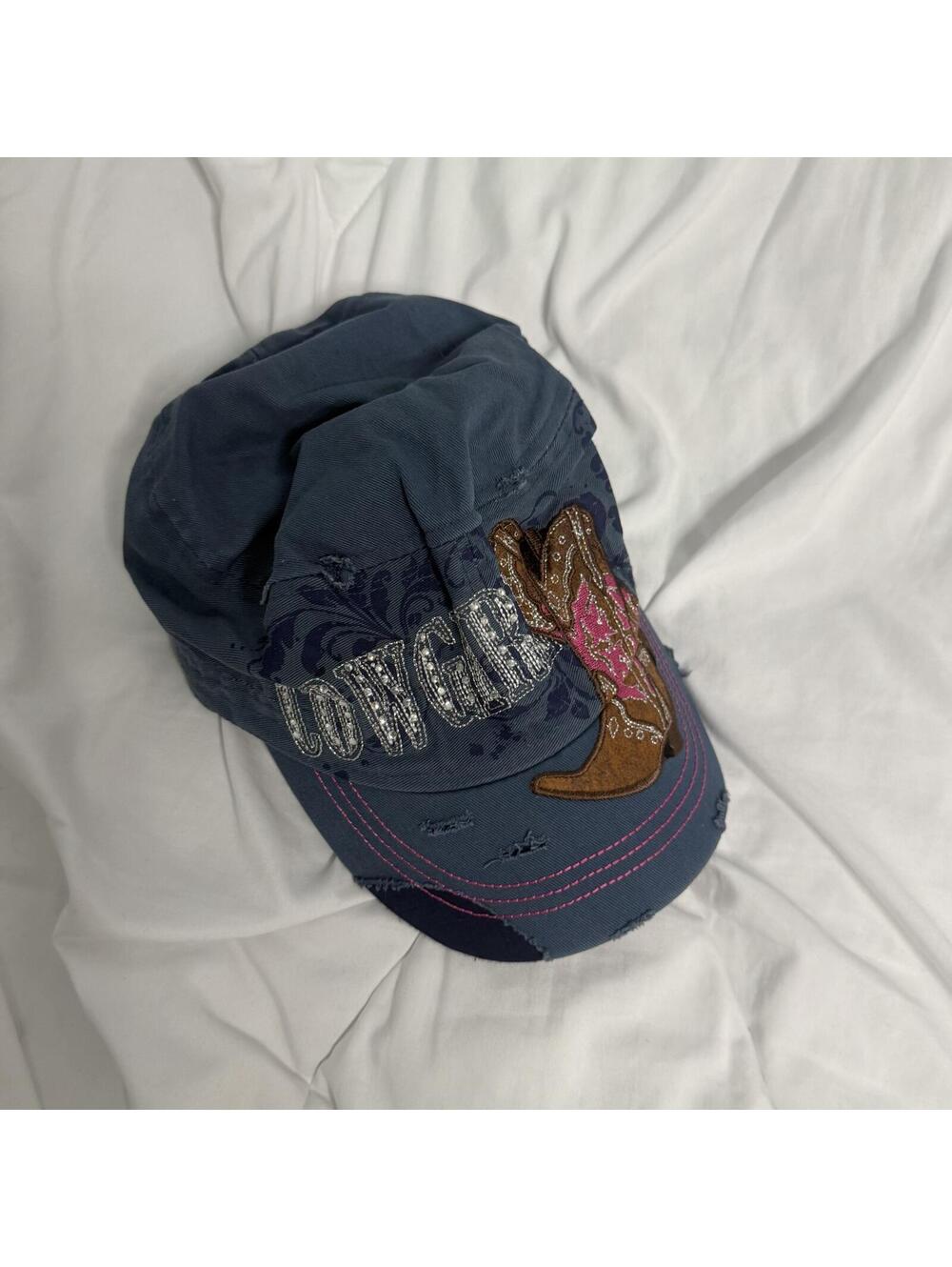 y2k 2000s Leader L.O.G.A Cadet Hat Army Cap Distressed Cow Girl Rhinestone